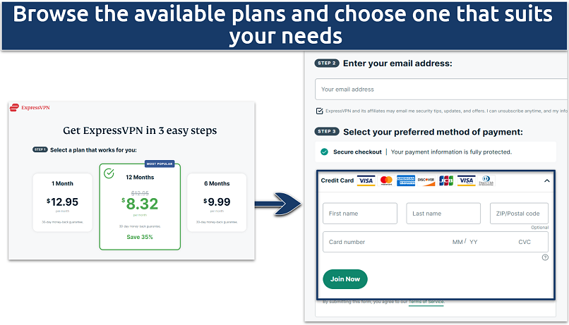 Screenshot of choosing  an ExpressVPN plan