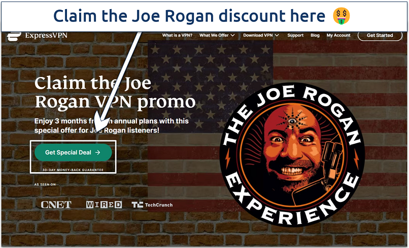 Screenshot of ExpressVPN website showing the Joe Rogan special deal