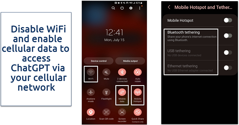 Screenshots showing how to unblock ChatGPT with mobile data
