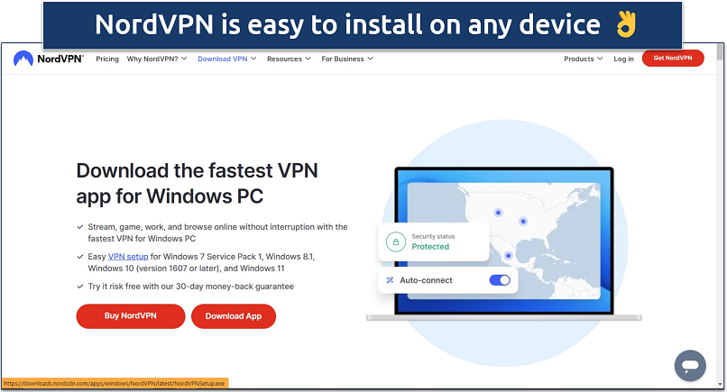 Screenshot of NordVPN's website page with download links for Windows
