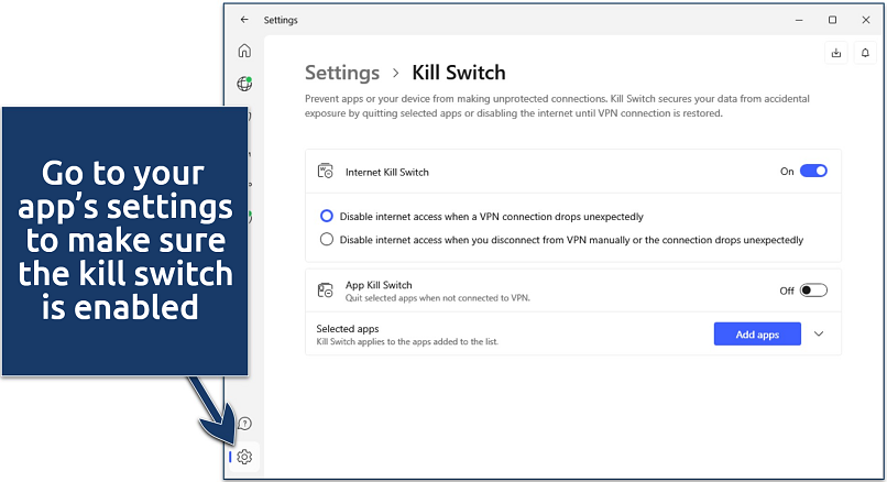 Screenshot of NordVPN's  kill switch settings
