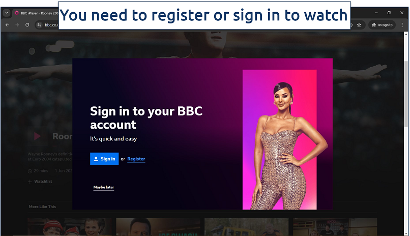 Screenshot of BBC iPlayer's signup page