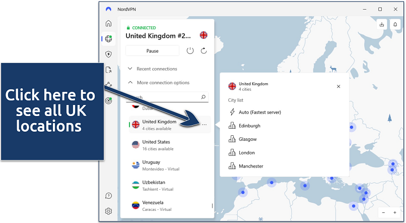 Screenshot of NordVPN's Windows app with UK servers