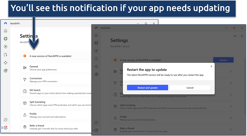 Screenshot of NordVPN's Windows app with update notifications