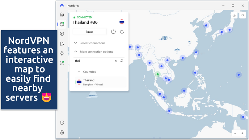 Screenshot of NordVPN's Windows app connected to Thailand, showing its interactive map