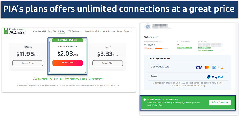 Screenshot showing PIA's plans and referral program