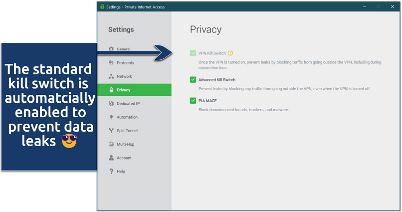 Screenshot of PIA's Windows app showing its privacy settings (kill switch and MACE)