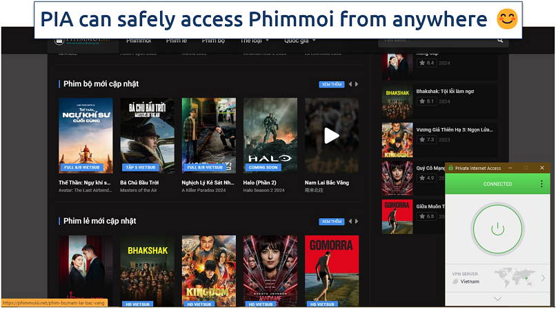 Screenshot of a Vietnamese streaming platform Phimmoi with PIA connected to Vietnam