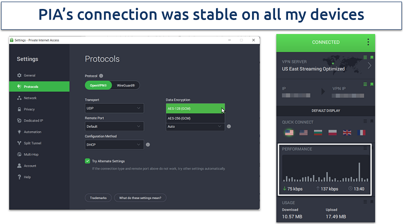 Screenshot showing PIA connection data