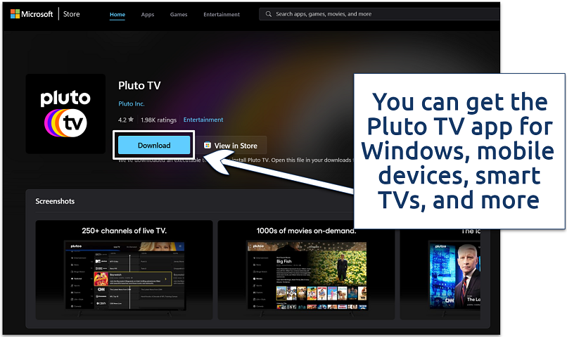 Screenshot showing Pluto TV on the Microsoft Store