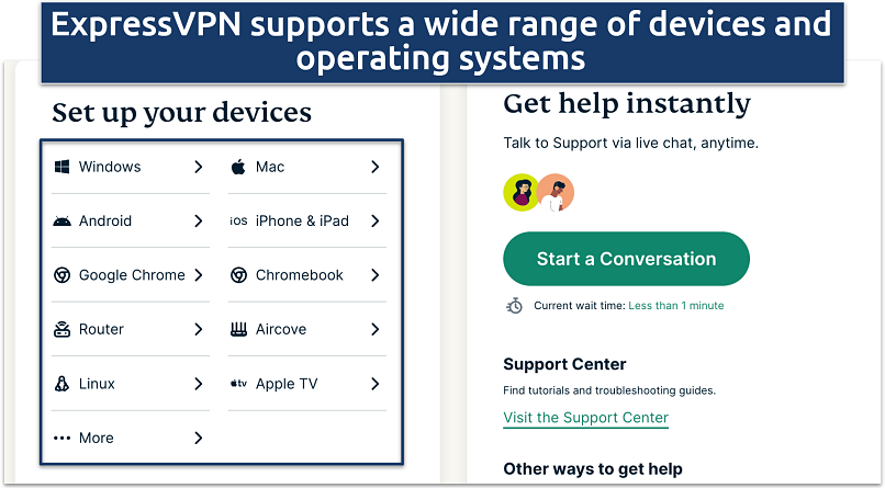 Screenshot of the ExpressVPN device set up page