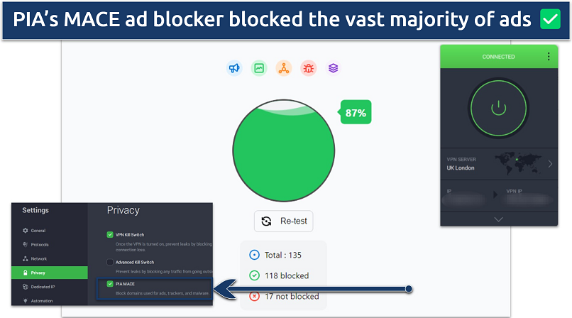 Screenshot of PIA's MACE adblocker on ad block test