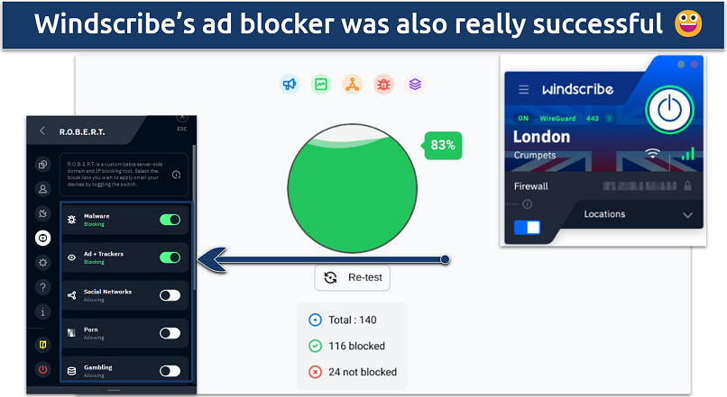 Screenshot of ad block test with Windscribe's R.O.B.E.R.T