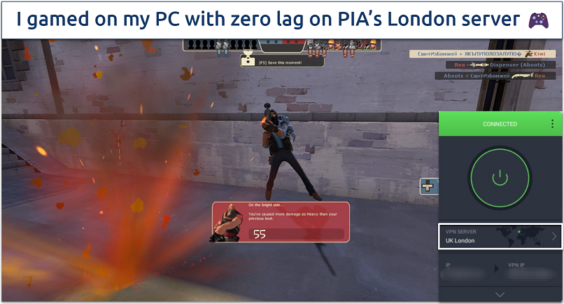Screenshot of PIA's London server letting me game with no lag