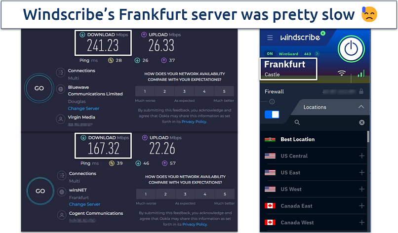 Screenshot of Windscribe's speed test results when connected to the Frankfurt server