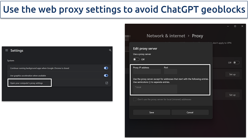 Screenshot showing proxy setup on Google Chrome