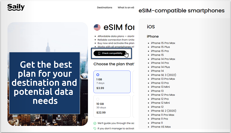 Screenshot showing Saily eSIM compatibility and plan selection