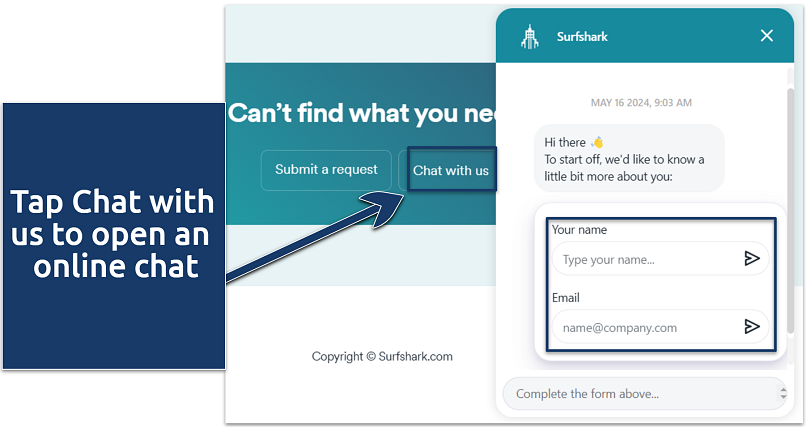 Screenshot showing Surfshark's 24/7 live chat