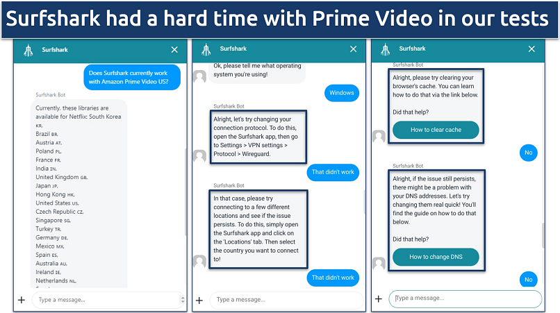 Screenshot of Surfshark's chat support giving troubleshooting tips on getting the VPN to work with Amazon Prime Video
