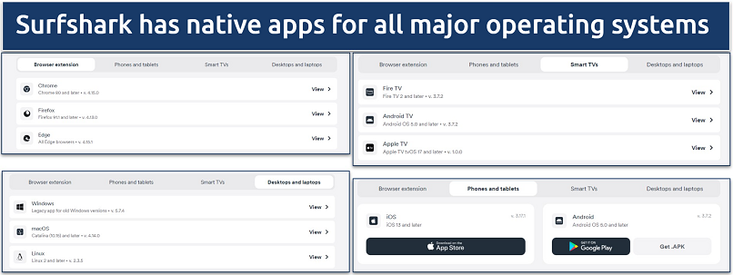 Screenshot showing all of Surfshark's available apps on its website's download page