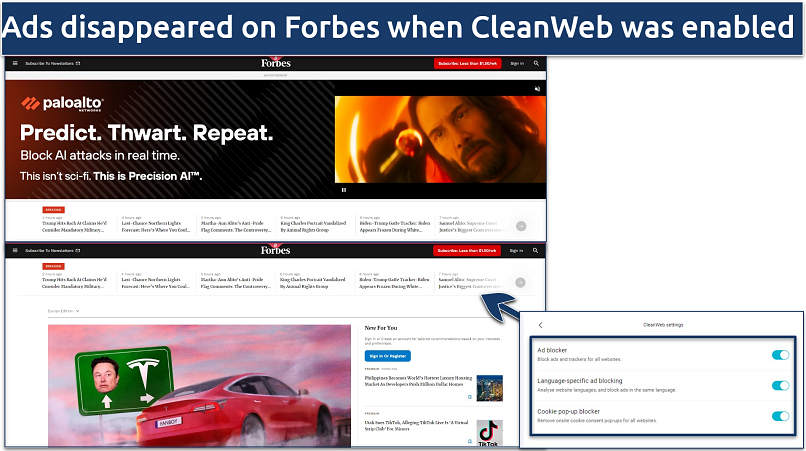 Screenshot of Surfshark's CleanWeb working to block ads on Forbes