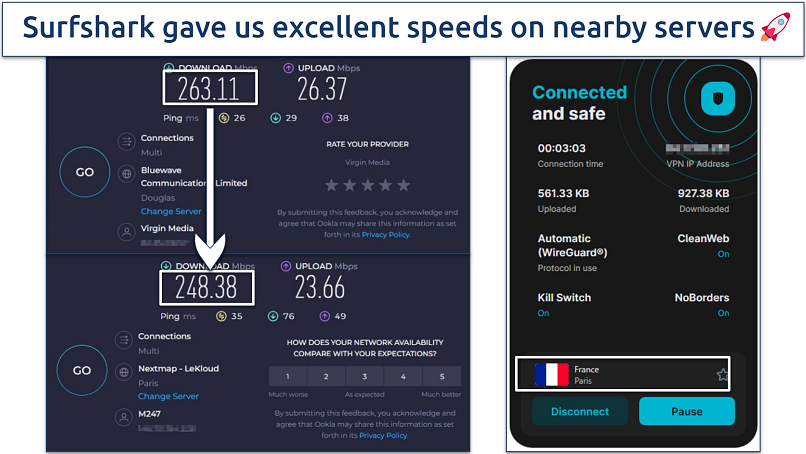 Screenshot of speed test results when connected to Surfshark's Paris, France server