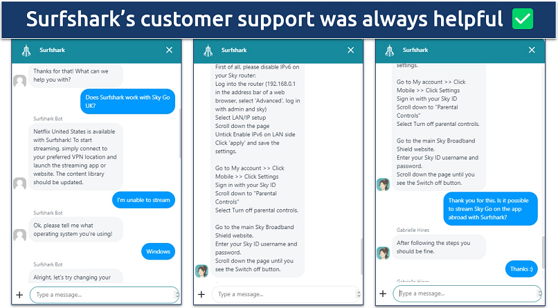 Screenshot showing conversation with Surfshark's customer support chatbot and agent