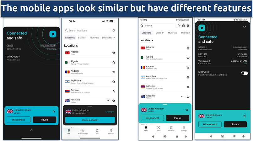 Screenshots comparing Surfshark's iOS and Android apps