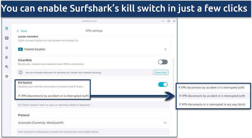 Screenshot of Surfshark's Windows app showing the kill switch soft or strict options