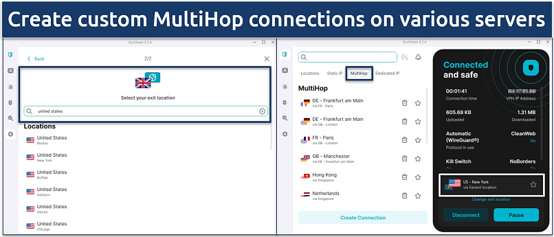 Screenshot of Surfshark's Windows app showing the MultiHop server set up and connection