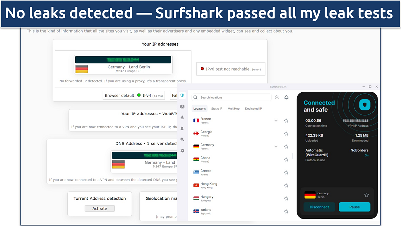 Screenshot of leak test results on Surfshark's German server