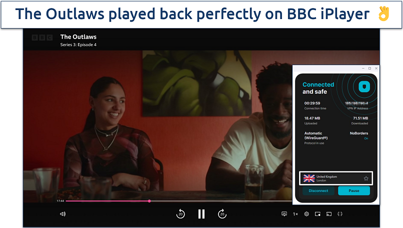 Screenshot of Surfshark's London server streaming BBC iPlayer