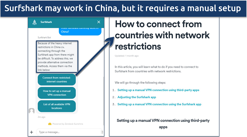 Screenshot of conversation with Surfshark's chatbot directing me to guides on connecting to the app in China