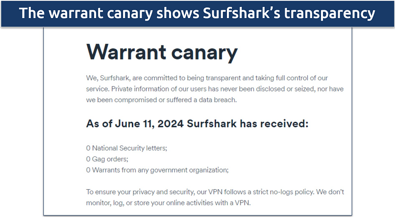 Screenshot of Surfshark's Warrant Canary showing no requests for user data