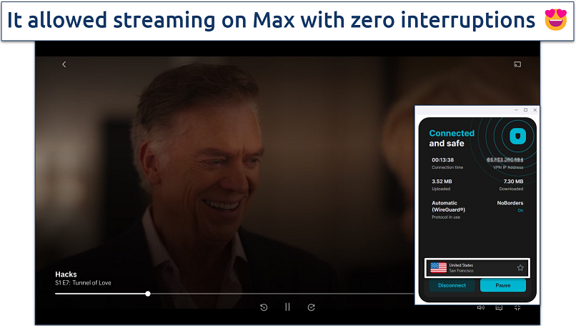 Screenshot of Surfshark's San Francisco US server working to stream on Max