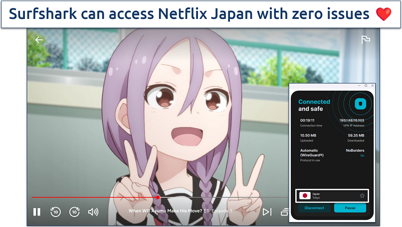 Screenshot of Surfshark's Tokyo server streaming Netflix Japan