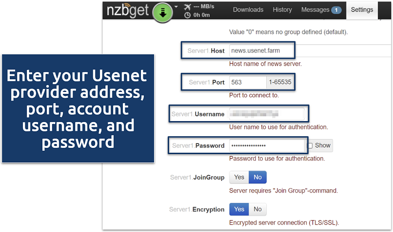 Screenshot showing NZBGet client setup