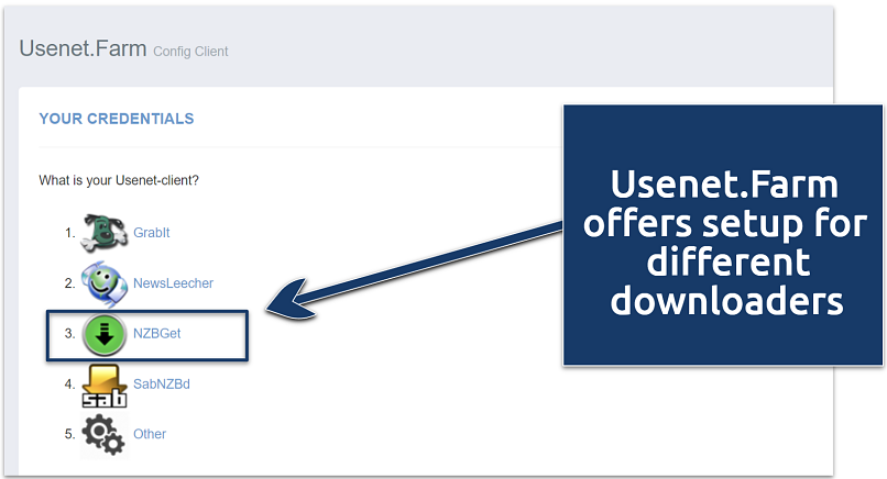 Screenshot showing Usenet.Farm credentials options