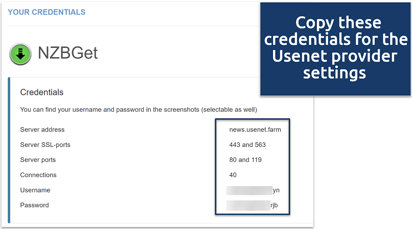 Screenshot showing Usenet.Farm credentials for NZBGet