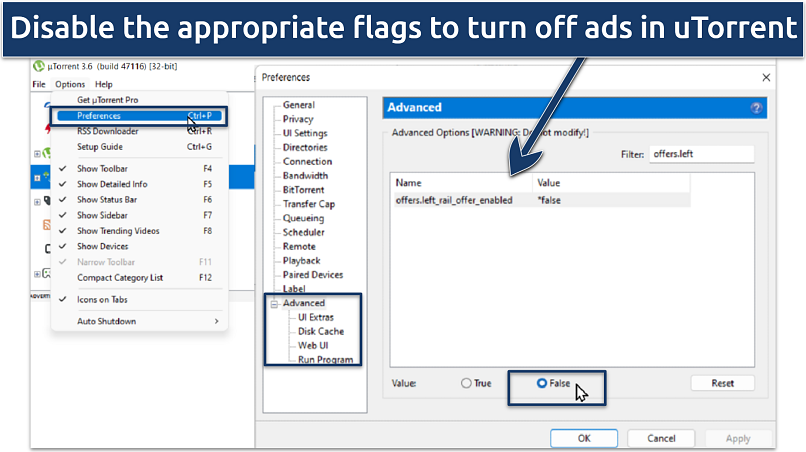 Screenshot showing uTorrent advanced settings