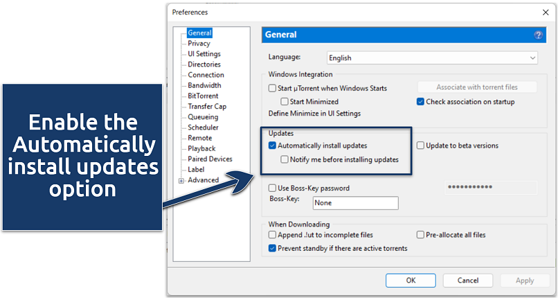 Pictures showing uTorrent auto-update option