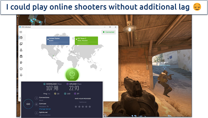 Screenshot of Steam running Counter Strike 2 while connected to VPN Unlimited's Houston server 