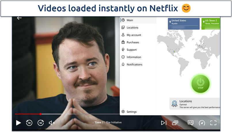 Screenshot of Netflix player streaming Tires while connected to VPN Unlimited's Texas 2 server