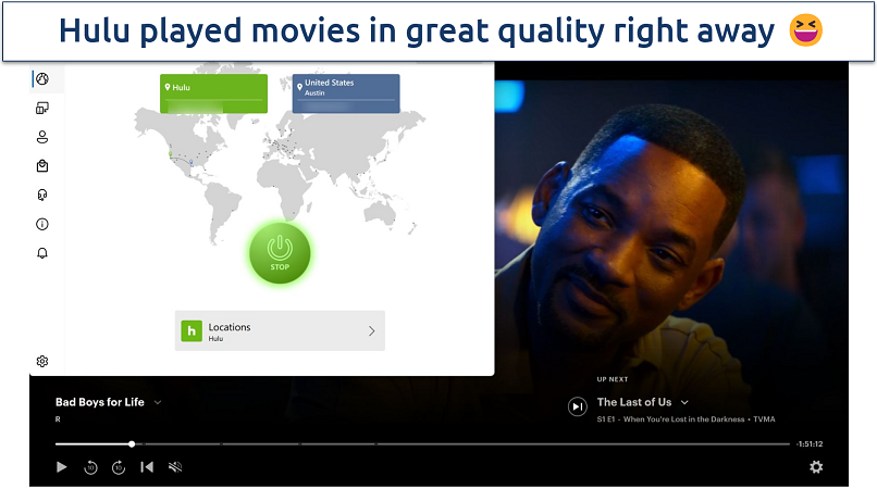 Screenshot of Hulu player streaming Bad Boys for Life while connected to VPN Unlimited's Hulu optimized server 