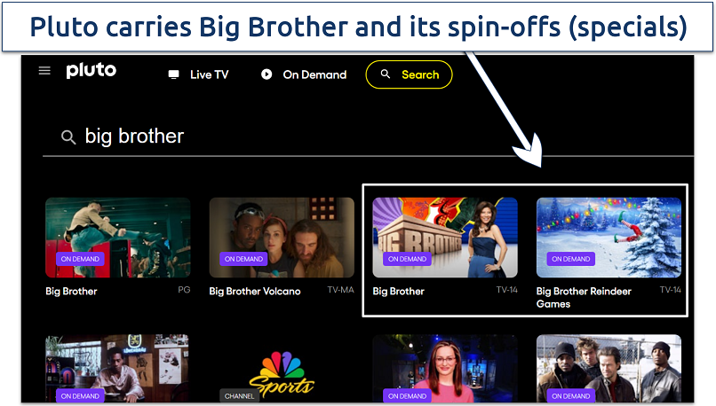 Screenshot showing Big Brother on free Pluto TV site