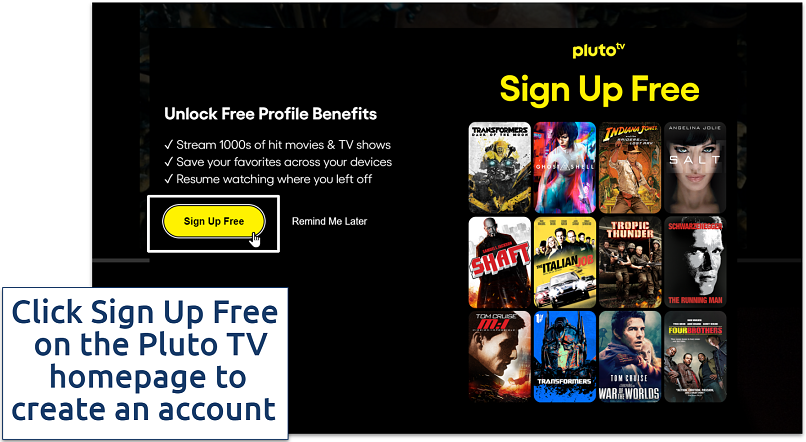 Screenshot showing Pluto TV sign up screen