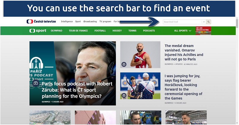 Screenshot of ČT Sport's homepage displaying the search bar