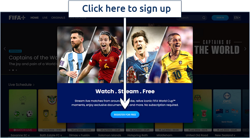 Screenshot of FIFA+ website homepage with the option to register for free