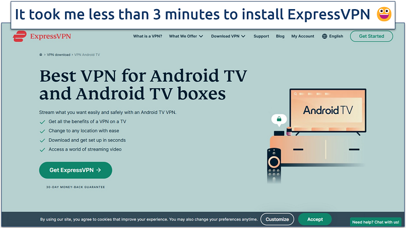 Screenshot of ExpressVPN's website page with download links for Android TV