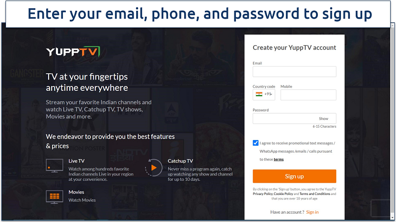 Screenshot of YuppTV signup page